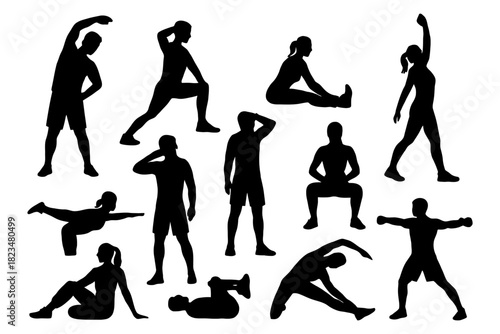 Silhouette of diverse fitness poses featuring male and female figures.