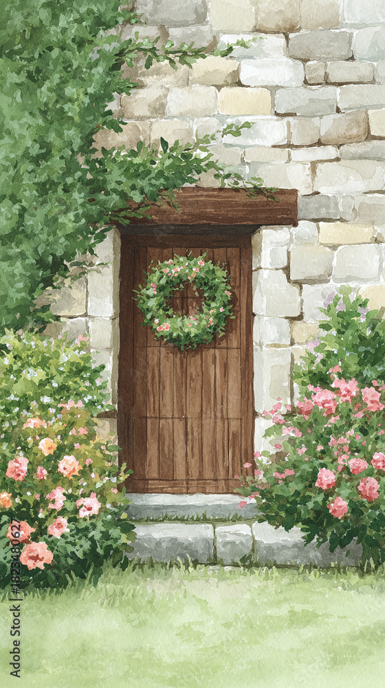 Naklejka premium Charming Wooden Door Surrounded by Vibrant Flowers and Lush Greenery: A Peaceful Garden Retreat Full of Rustic Elegance and Natural Beauty