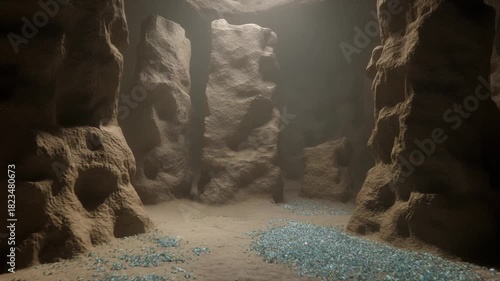 Mysterious cave with towering rock formations and sparkling crystals on the ground