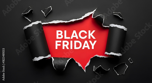 A bold black friday advertisement bursts through a torn black paper, revealing a vibrant red background