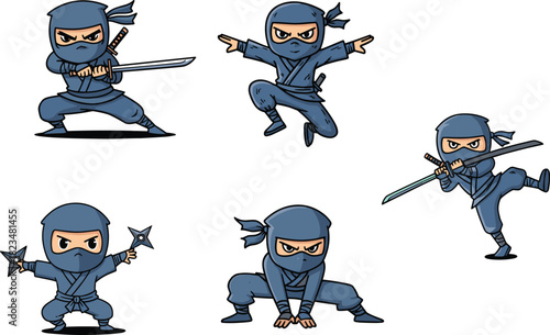 Cute cartoon ninja character set, action poses with swords and shuriken, martial arts warriors, stealth fighter illustrations for games, stickers, and animation