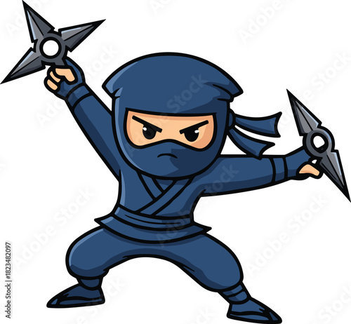 Cute cartoon ninja character holding shuriken weapons, action pose illustration for martial arts, Japanese warrior, combat, stealth, and training themes.