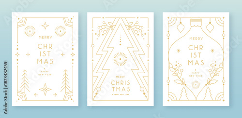 Set of modern Christmas frames or holiday greeting cards on white background. Line art vector illustration