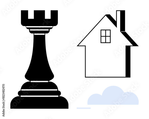 Black chess rook next to a house silhouette and cloud. Ideal for strategy, planning, decision-making, protection, home security, connection, simplicity. A minimalist flat metaphor