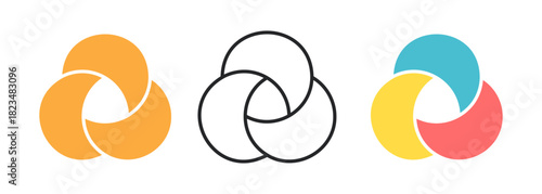 Circle Venn diagram with three part set. Intersecting circles. Infographic chart icon. 3 overlap balance elements diagram. Business process chart. Vector illustration isolated on white background.