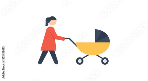 woman with stroller pushing baby enjoying a leisurely walk in the park representing motherhood and family lifestyle illustrations