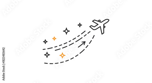 airplane travel route airplane flying on a dotted line path with star trails ideal for travel blog promoting vacation packages and journey.