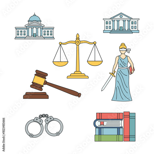 Legal system concept with justice symbols and courthouse building