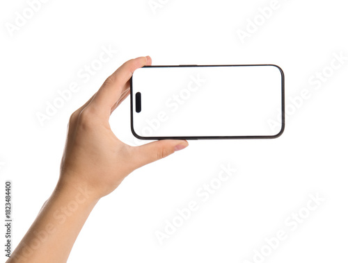 Woman holding modern mobile...