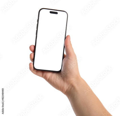 Woman holding modern mobile...