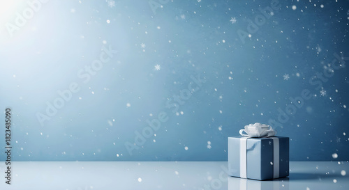 Blue Christmas Gift Box with Snow and Bokeh Lights Background