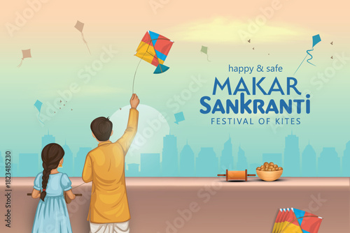 Indian festival Happy Makar Sankranti poster design with people flying colorful kites on cloudy sky. Creative vector illustration design.