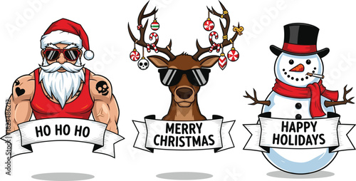 Set of Cool, Edgy Christmas Characters: Tattooed Santa, Sunglasses Reindeer with Antler Ornaments, and Smoking Snowman, Vector Mascot Illustration