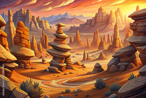 Chiricahua Mountains Arizona Balanced Rock Formations Strange volcanic rock pillars rising from dry pine forest with golden desert light