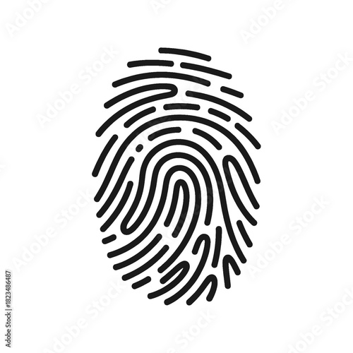 Clean black fingerprint logo icon representing unique personal identity, digital security, and biometric authentication. Isolated graphic on a stark white background
