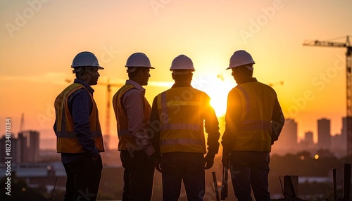 Silhouette of engineer and construction team working at site over blurred background sunset pastel for industry background