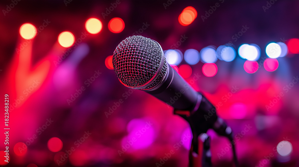 Obraz premium A studio microphone isolated on a bright yellow background, presented in a clean and minimalist product showcase.