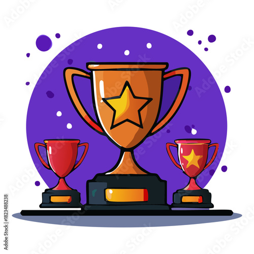 Illustration of three trophies, one gold, two red, with stars on a purple background.
