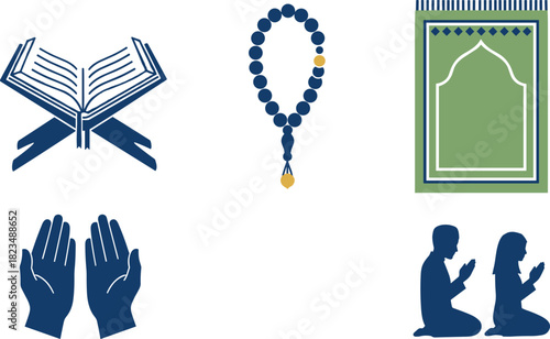 Islamic symbols including quran prayer rug prayer beads and people praying