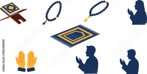 Islamic prayer symbols including quran prayer rug prayer beads and people praying