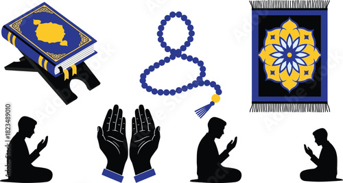 Islamic prayer items including quran prayer rug prayer beads and praying figures