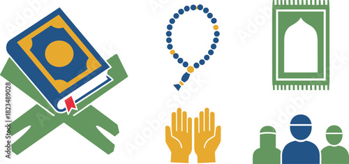 Islamic religious icons including quran prayer rug prayer beads and people praying