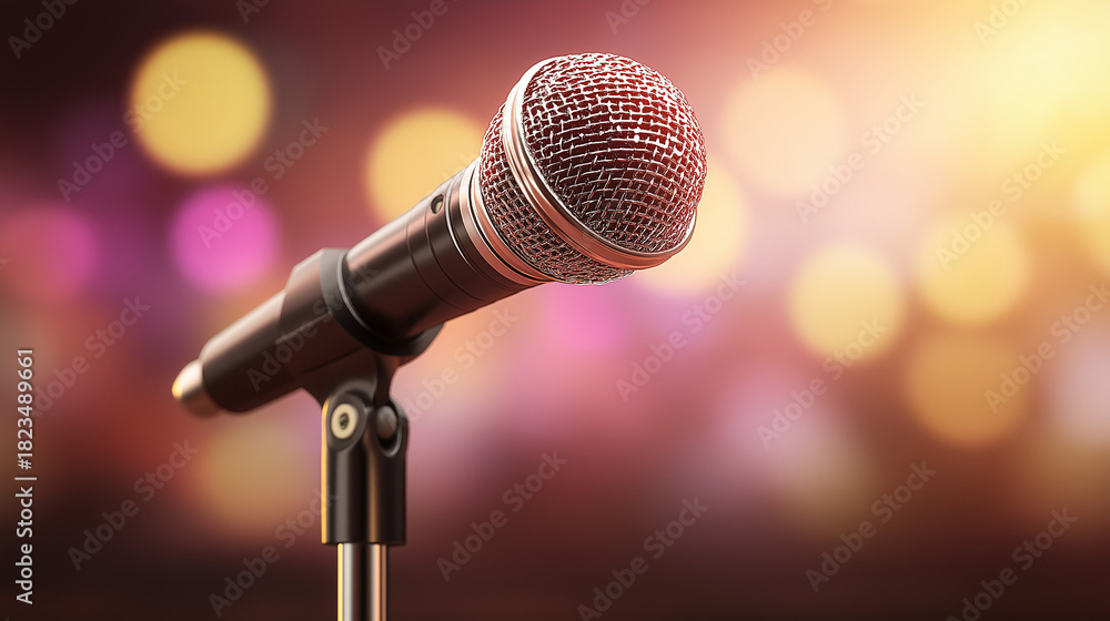 Obraz premium A studio microphone isolated on a bright yellow background, presented in a clean and minimalist product showcase.