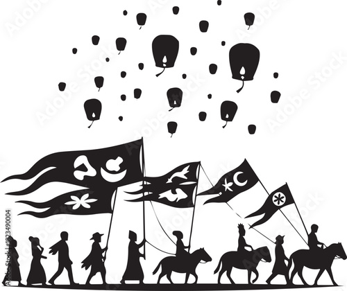 Silhouette of a procession with flags and lanterns in the sky