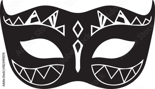 Black masquerade mask with white decorative patterns and eye holes
