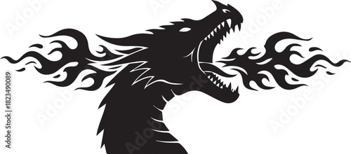 Silhouette of a dragon head breathing fire with flames extending outward