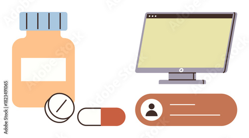 Prescription bottle, pills, capsule, desktop monitor, and patient profile for telemedicine, online healthcare, medical consulting, e-pharmacy, technology healthcare access simple flat metaphor