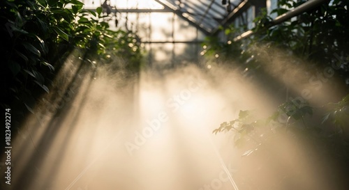 温室内の植物に差し込む穏やかな光と立ち込める霧の幻想的な風景
