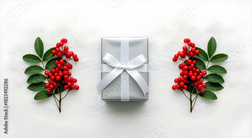 Silver Gift Box with White Bow, Red Berries and Green Leaves Flat Lay