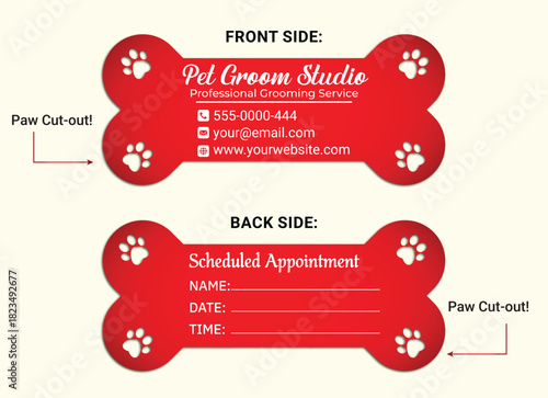 Die-Cut Dog Bone Shaped Business Card Template - Red and White Vector Design for Pet Grooming Studio, Veterinary Clinic, and Appointment Scheduling