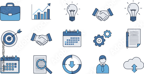 Collection of blue and grey business and finance icons representing concepts like growth, ideas, partnership, planning, analysis, and technology.