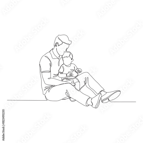 A continuous one-line illustration of a father figure sitting on the floor with his young child on his lap or beside him