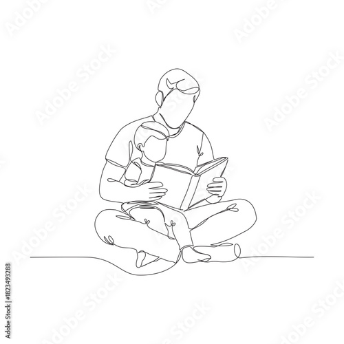 A continuous one-line illustration of a father figure sitting and reading a book together with his young son