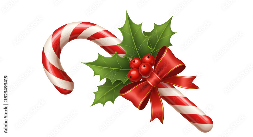 Obraz premium Festive candy cane with holly and red bow on black background