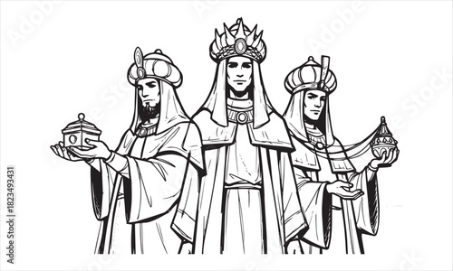 Three Wise Men wearing crowns and ornate robes holding gifts in a black and white illustration kings