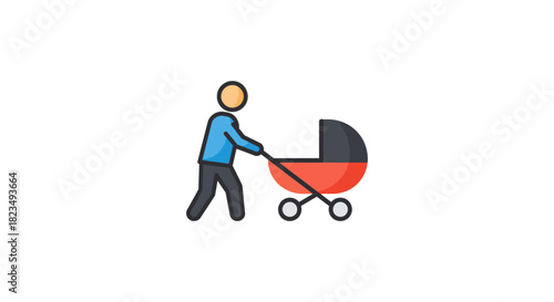 Man pushing baby stroller father walking with a pram on a stroll parenting and family life concept for modern lifestyle and childhood memories.
