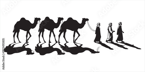 Black silhouette of camels and people walking with long shadows on white background caravan desert