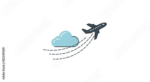 airplane flight taking off through a cloud illustrating air travel and transportation symbolizing journeys suitable for travel agency ads and web design.