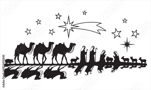 Black silhouette of nativity scene with camels sheep and stars against white background christmas