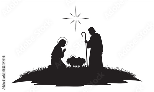 Black silhouette of nativity scene with Mary Joseph baby Jesus and star on white background christmas