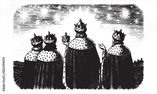 Four kings wearing crowns and ermine trimmed cloaks looking up at stars royalty regal