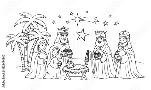 Nativity scene with Mary Joseph three wise men and baby Jesus in manger under starry sky christmas