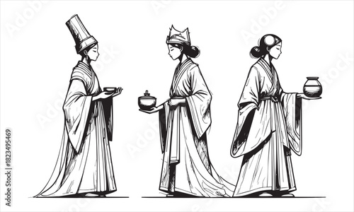 Three figures in traditional robes holding bowls and jars in a black and white illustration drawing