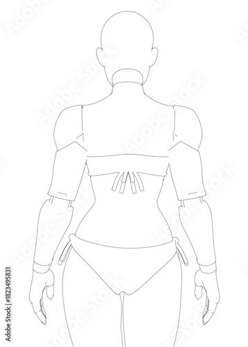 Robotic girl in bikini with back turned, contour sketch style against white background. Her arms and legs are slightly bent with hair in bun and determined expression.
