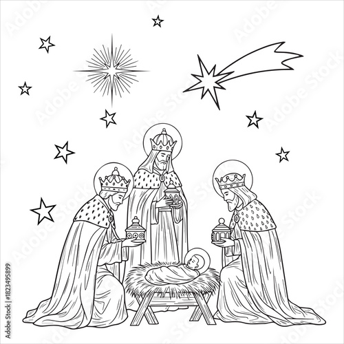 Three Kings visit baby Jesus in manger with stars and comet in the sky line art christmas nativity