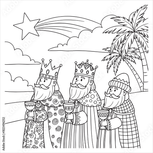 Three kings wearing crowns and holding chalices walk under a shooting star and palm trees wise biblical